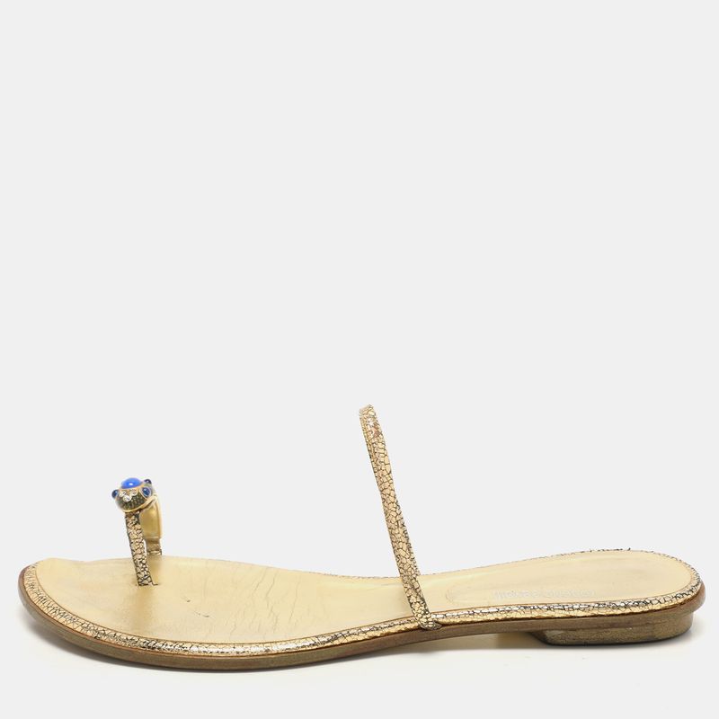 Roberto Cavalli Gold Leather Toe Ring Flat Sandals Size 39